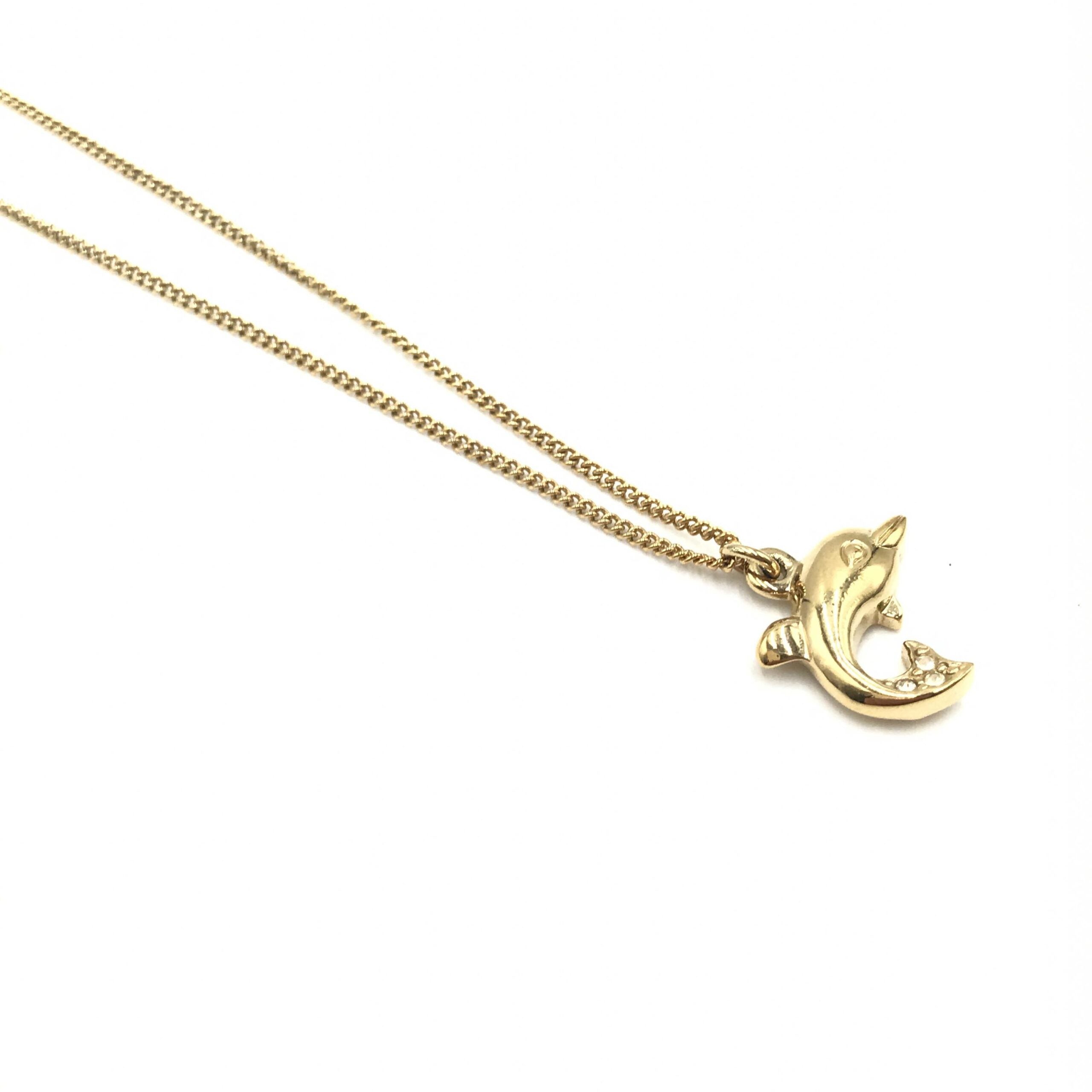 Christian Dior Dolphin Motif Rhinestone Gullforgylt Halskjede