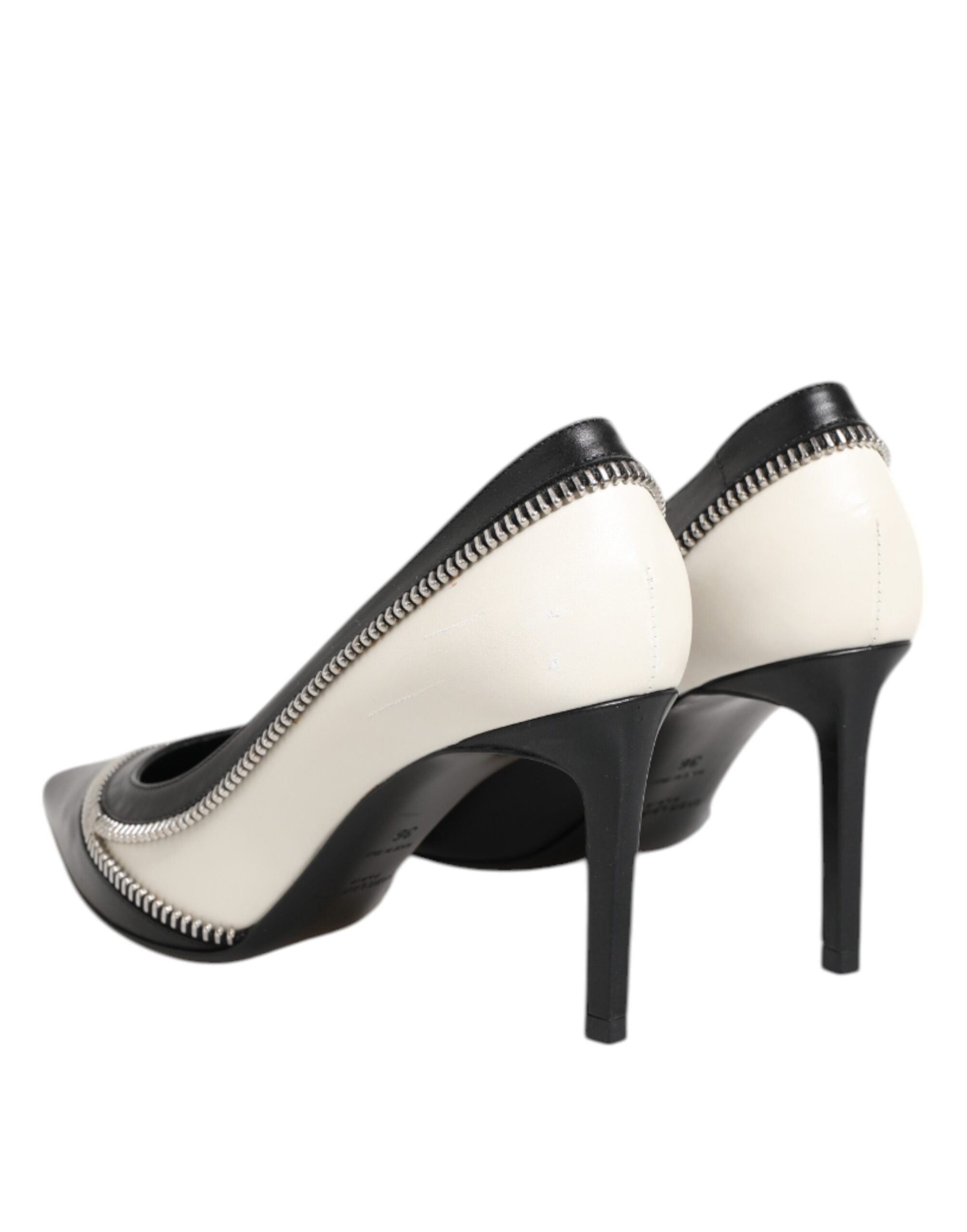 White Black Leather Pointed Toe Heels Shoes