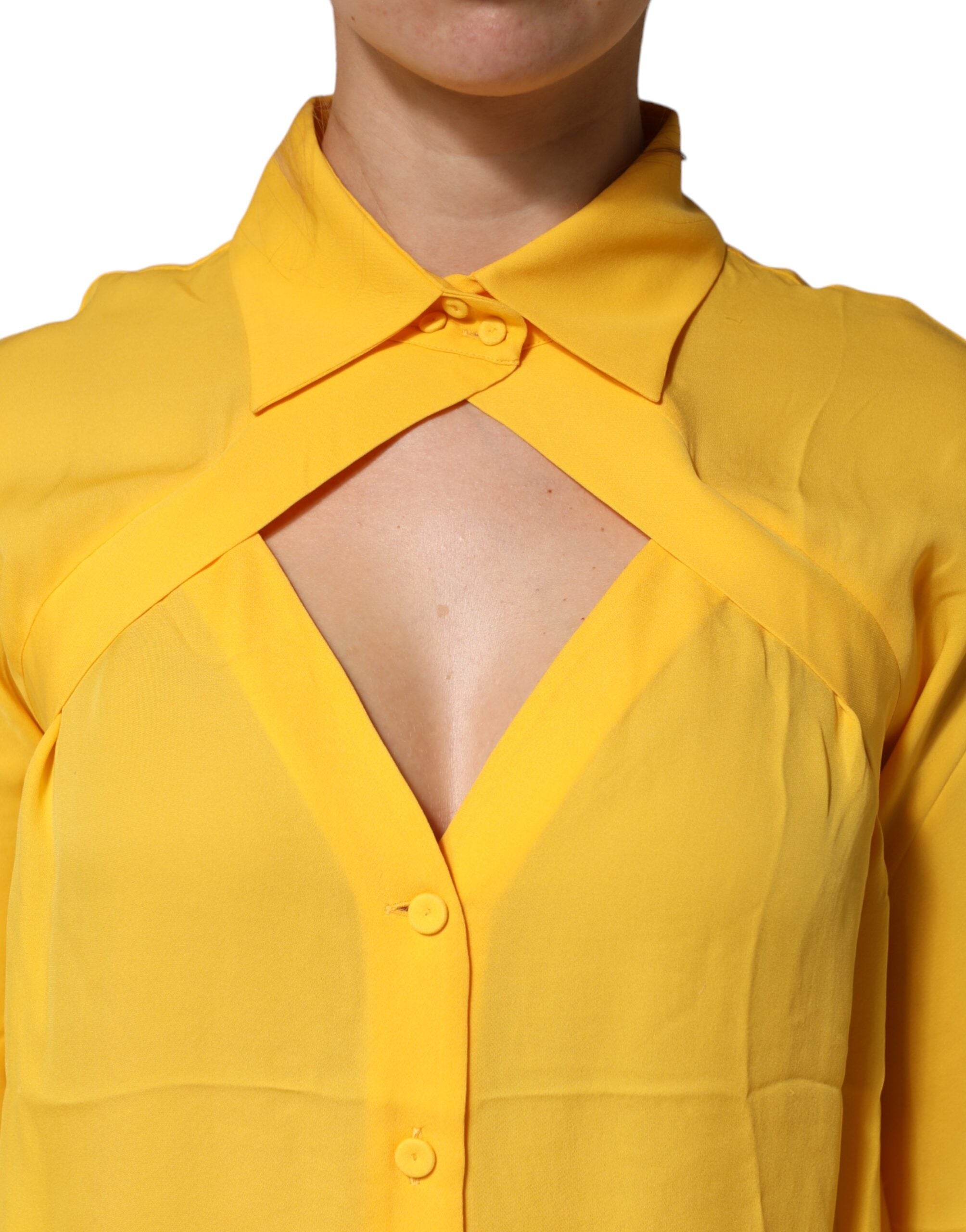 Yellow Silk Collared Long Sleeves Top