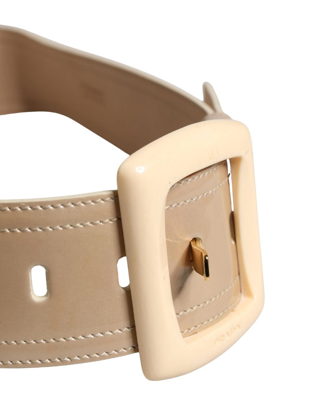 Cinturón de mujer Prada de cuero beige con logo, hebilla cuadrada y cintura ancha