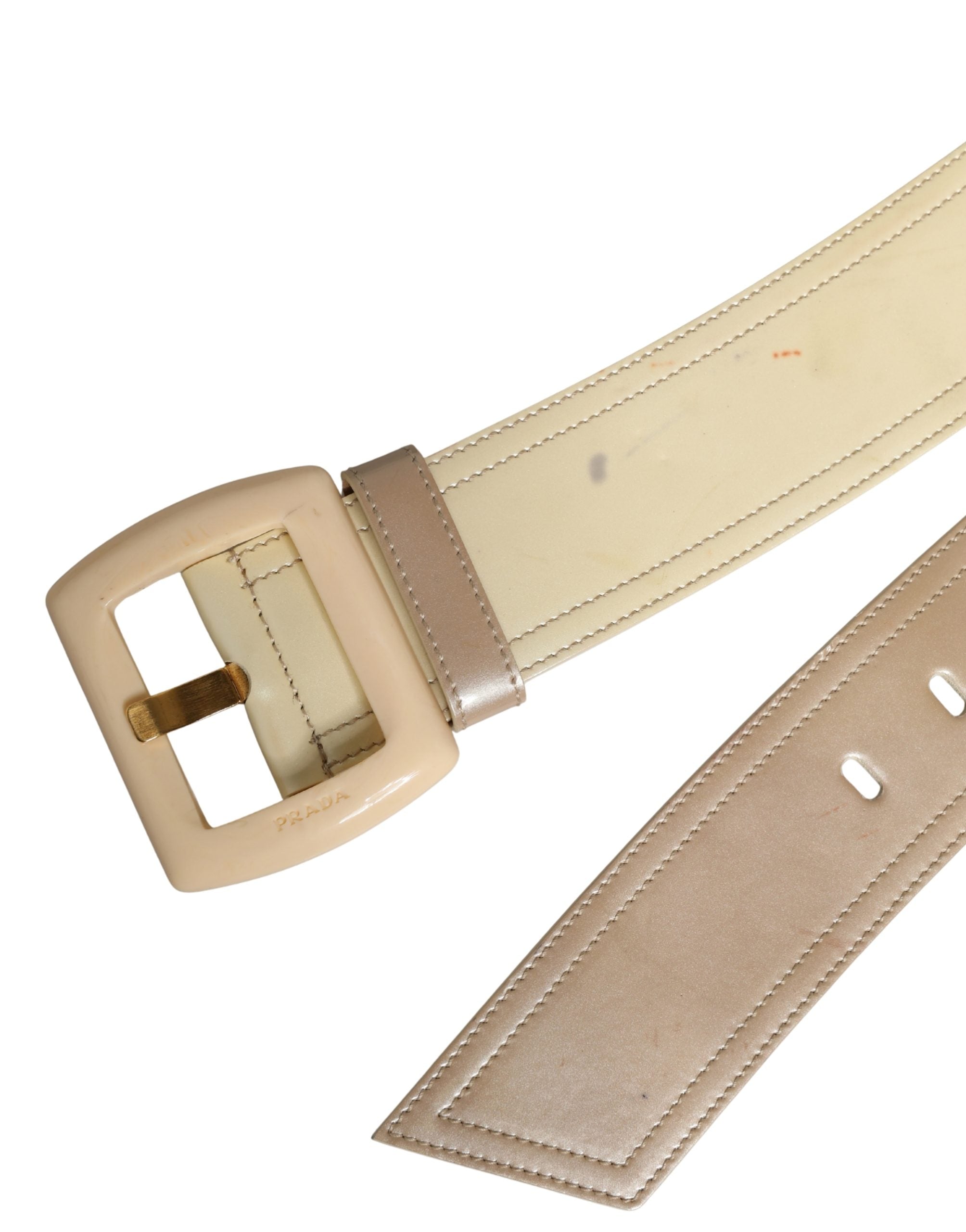 Cinturón de mujer Prada de cuero beige con logo, hebilla cuadrada y cintura ancha