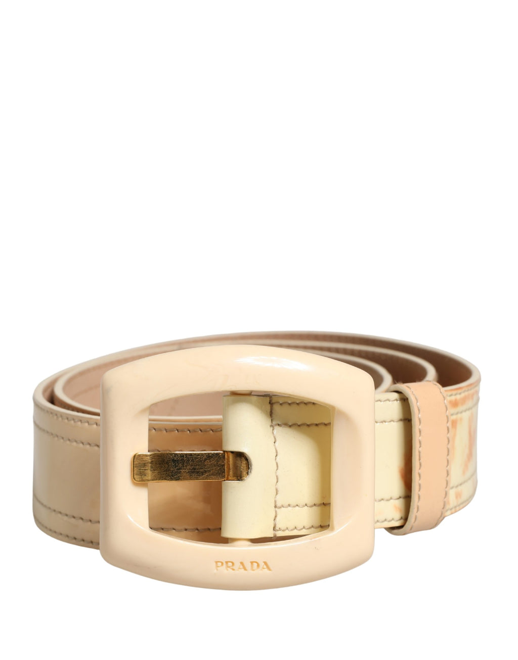Cinturón Prada de cuero beige con logo, hebilla cuadrada y talle ancho para mujer