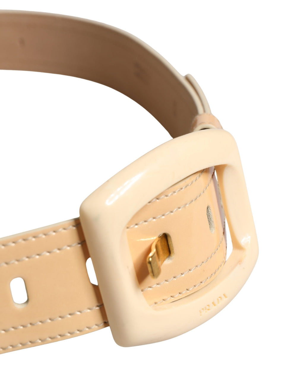 Cinturón Prada de cuero beige con logo, hebilla cuadrada y talle ancho para mujer