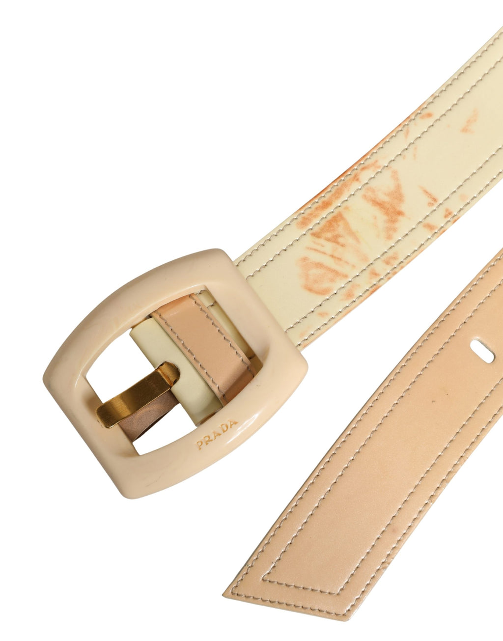 Cinturón Prada de cuero beige con logo, hebilla cuadrada y talle ancho para mujer