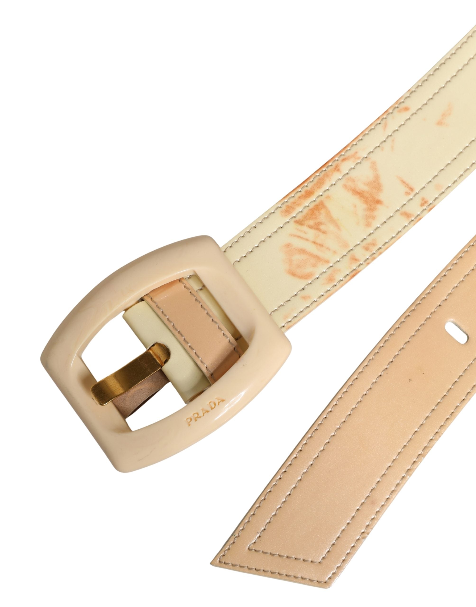 Cinturón Prada de cuero beige con logo, hebilla cuadrada y talle ancho para mujer