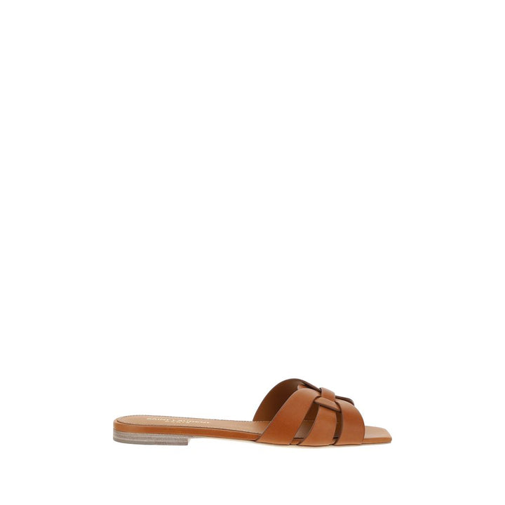 Saint Laurent brune flate sandaler i kalveskinn