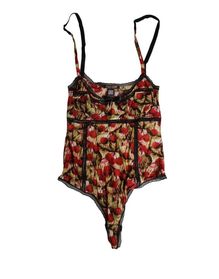 Roberto Cavalli Flerfarget Kirsebærtrykk blondebodysuit undertøy