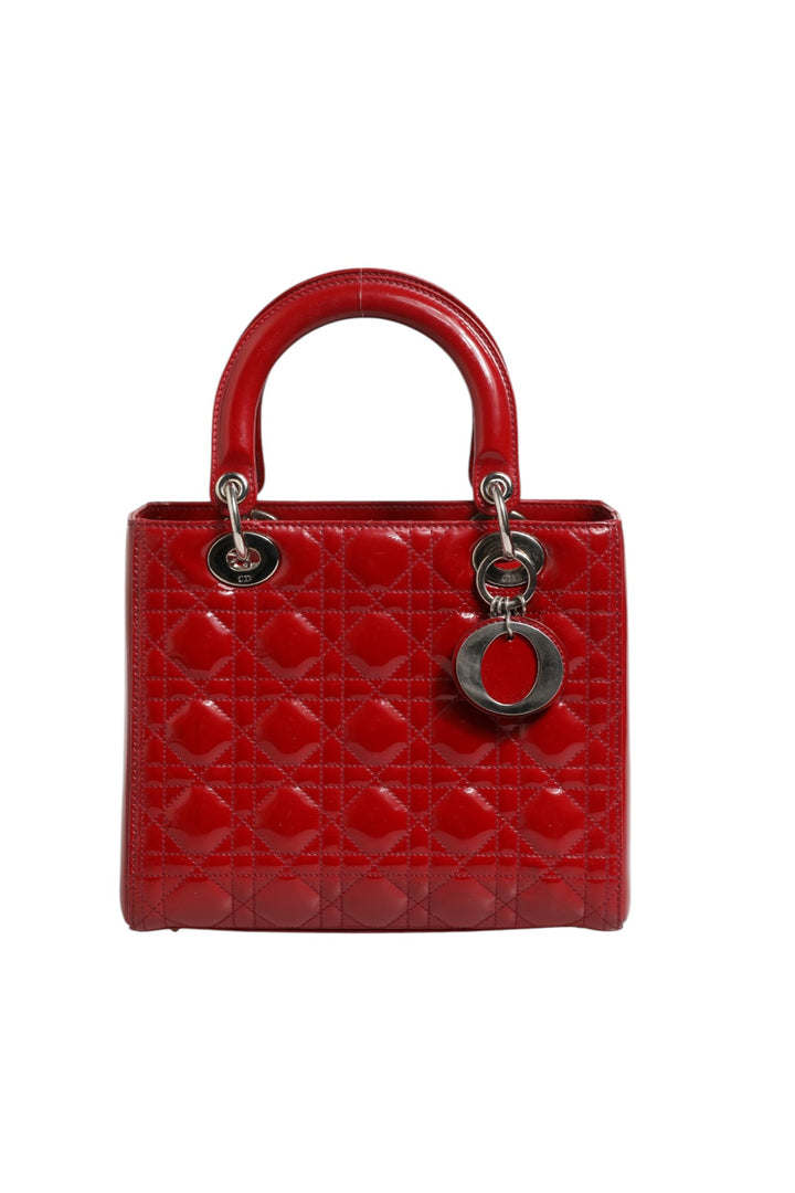 Christian Dior kirsebærrød patentlær Cannage-quilting liten Lady Dior-veske