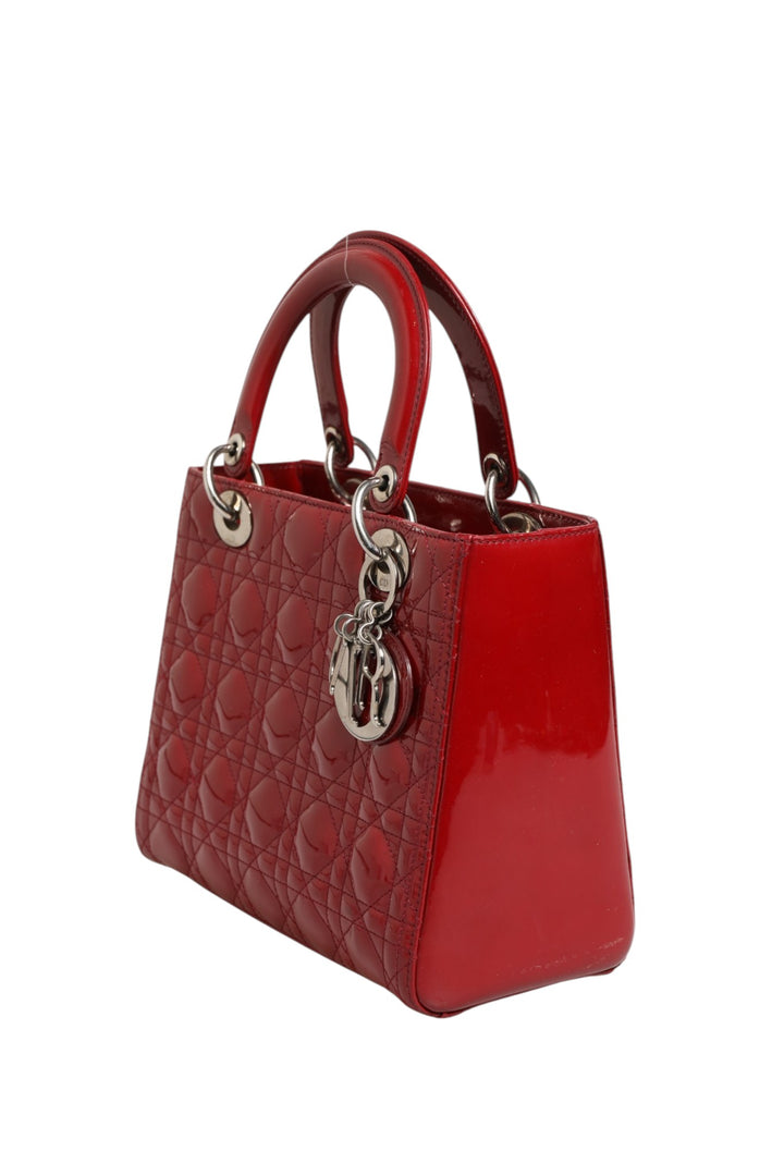 Christian Dior kirsebærrød patentlær Cannage-quilting liten Lady Dior-veske