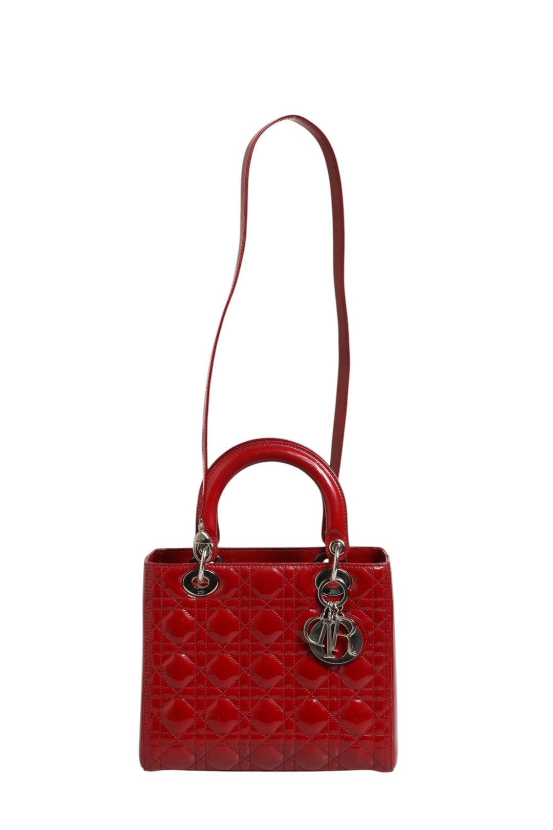 Christian Dior kirsebærrød patentlær Cannage-quilting liten Lady Dior-veske