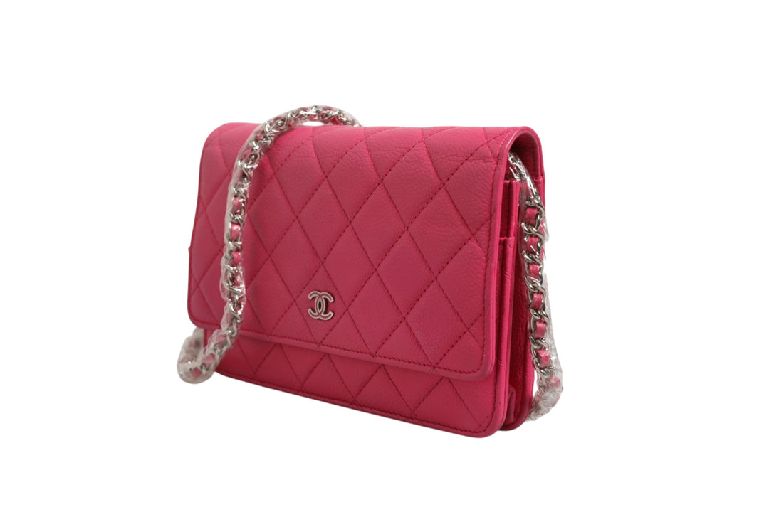 Chanel Pink Quilted Lambskin Lommebok På Lenke WOC Sølv