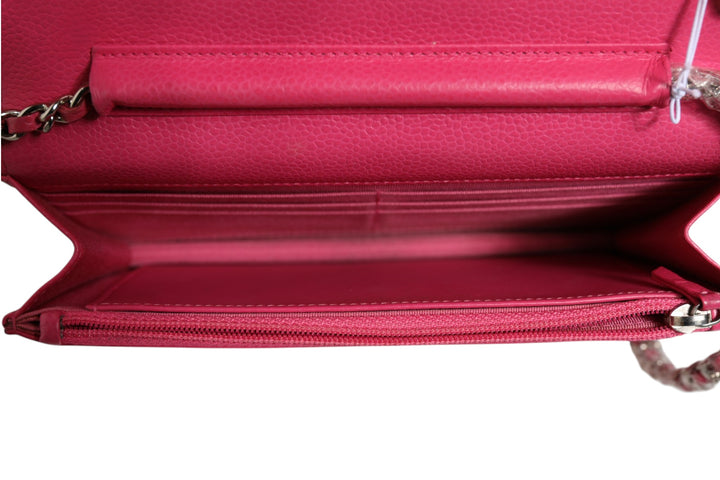Chanel Pink Quilted Lambskin Lommebok På Lenke WOC Sølv