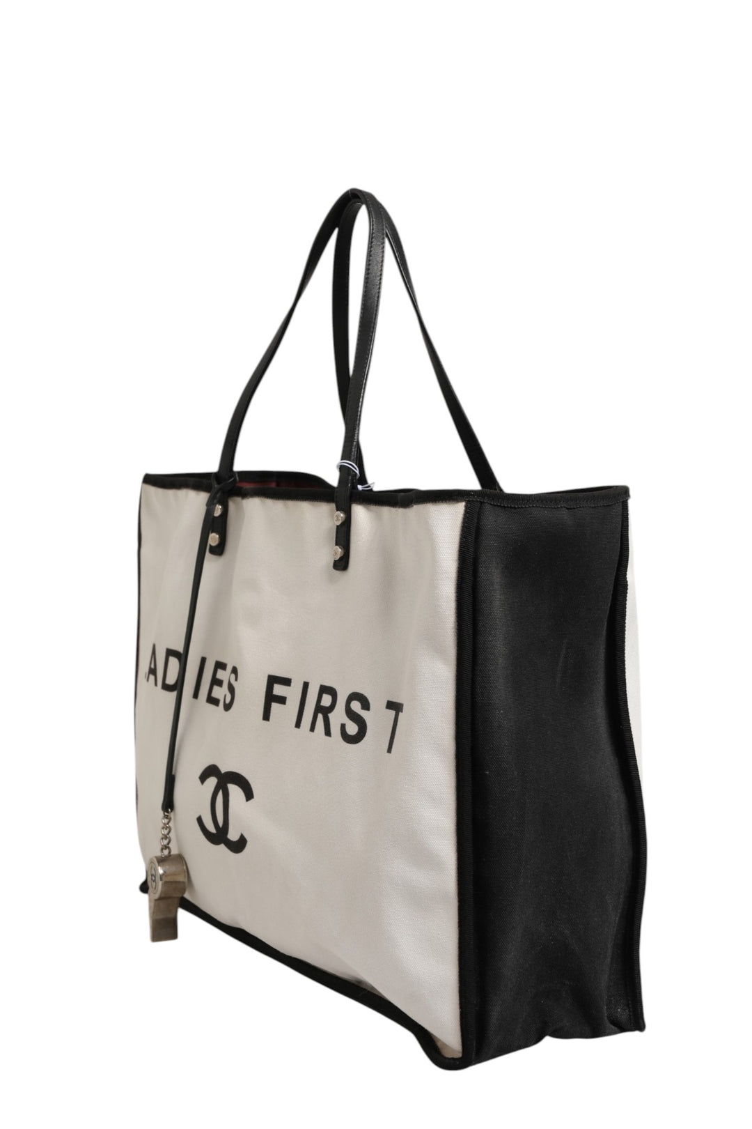 Chanel Ladies First Hvit og Sort Canvas Shopper Tote Bag