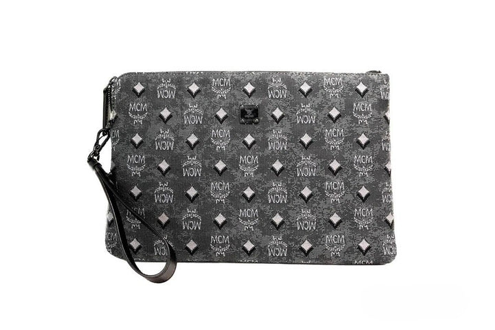 MCM Veritas Medium Dark Grey Denim Monogram Logo Kanvas Clutch Pouch Håndveske