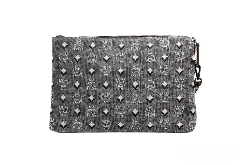 MCM Veritas Medium Dark Grey Denim Monogram Logo Kanvas Clutch Pouch Håndveske