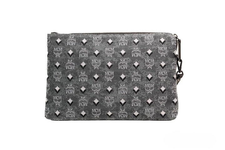 MCM Veritas Medium Dark Grey Denim Monogram Logo Kanvas Clutch Pouch Håndveske