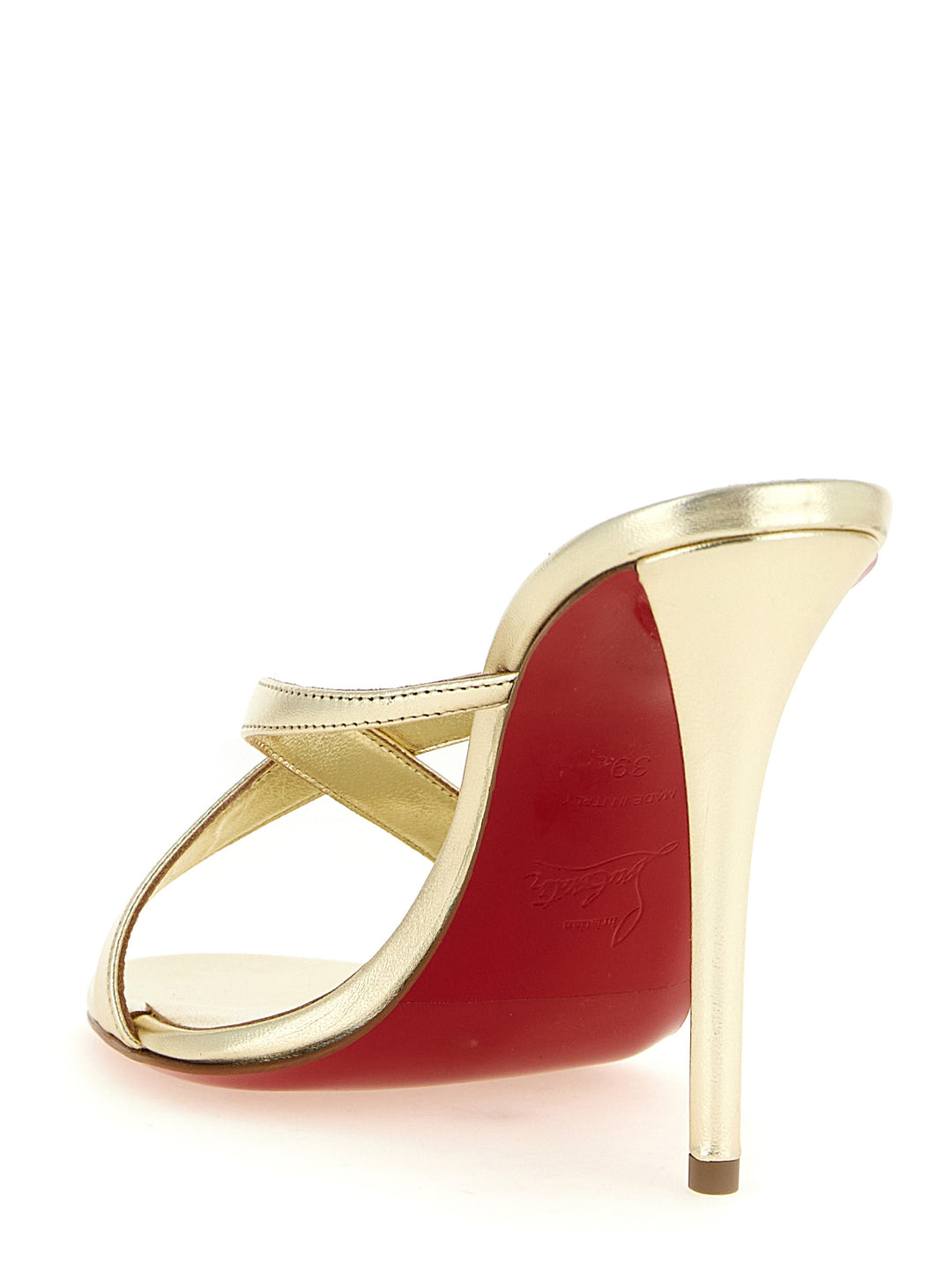 Christian Louboutin Stiletthælsandaler i gullfarget lammeskinn