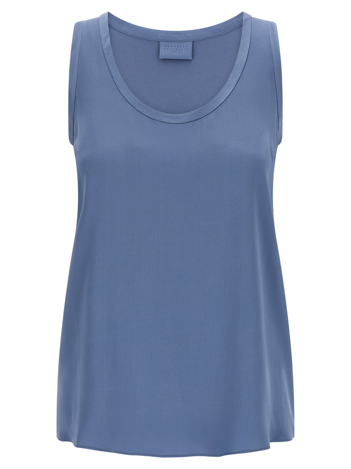 Blue Silk Sleeveles T-Shirt