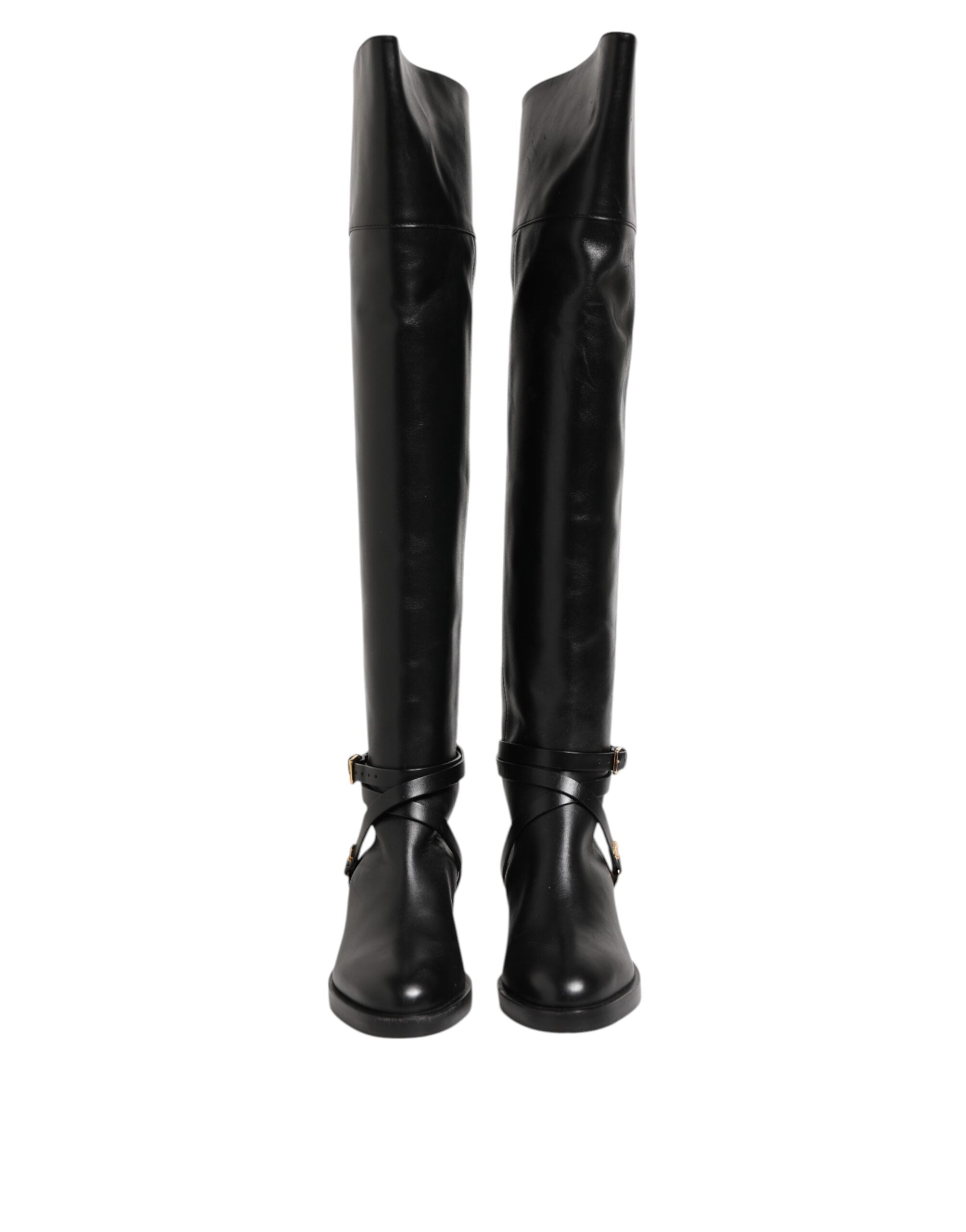 Black Leather Buckled High Boots Shoes